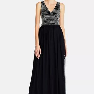 New Adrianna Papell Navy Blue Beaded Mesh Gown Formal